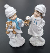 Set 2 figurine copii de iarnă albe, decor ceramic Crăciun - 15cm